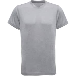 A grey performance t-shirt made from recycled materials, featuring a simple design and a logo.