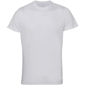 A white recycled performance T-shirt featuring short sleeves and a round neckline, with a small logo on the front.