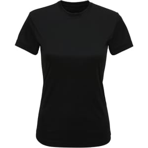 A black recycled performance T-shirt with short sleeves and a crew neckline, featuring a logo.