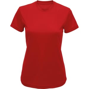 A red recycled performance t-shirt with short sleeves and a round neckline. It features a logo on the front.