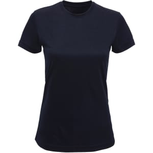 A navy blue performance t-shirt with a casual fit and short sleeves. It features a logo on the fabric.