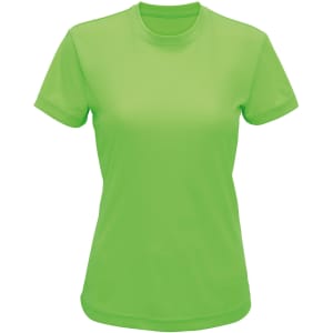 A bright green recycled performance t-shirt with a crew neckline and short sleeves. It features a logo.