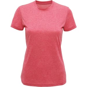 A pink recycled performance t-shirt with a simple crew neck and short sleeves. It features a small logo.