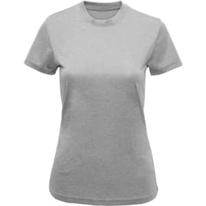 A grey recycled performance T-shirt with a round neck and short sleeves, featuring a logo.