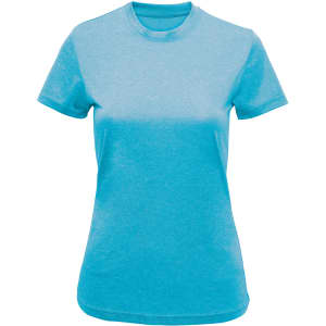 A light blue recycled performance T-shirt with a round neck and short sleeves, featuring a logo.