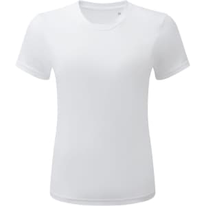 A plain white short-sleeve t-shirt made from recycled materials, featuring a logo on the label.