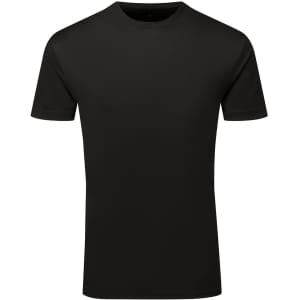 A black textured t-shirt made from cationic recycled fabric, featuring a simple crew neck design.