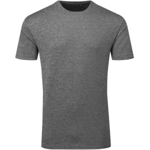A grey textured t-shirt with a round neck and short sleeves, featuring a logo on the side.