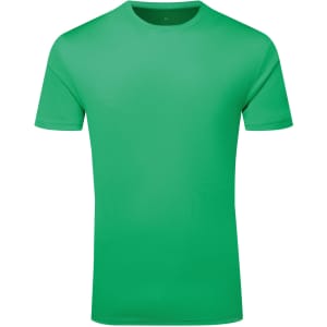 A green textured t-shirt with a crew neck and short sleeves. It has a logo on the label.