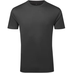 A black textured t-shirt made from recycled materials, featuring a simple design and a logo on the label.