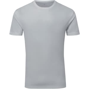 A light grey textured T-shirt with a crew neck and short sleeves, featuring a branding logo.