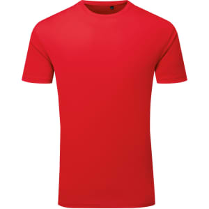A red textured T-shirt featuring short sleeves and a crew neck. The shirt has a logo on the label.