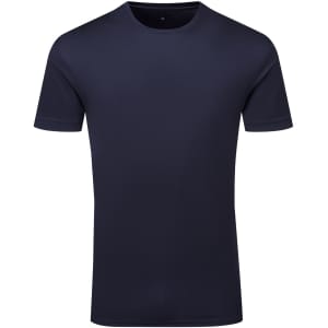 A navy blue, short-sleeved textured t-shirt featuring a logo.