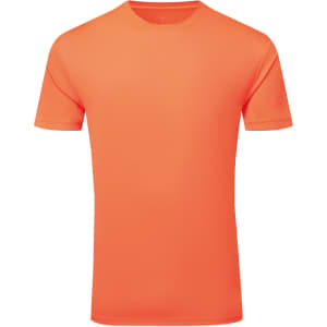 An orange textured t-shirt featuring a round neck and short sleeves, with a logo on the upper left chest area.