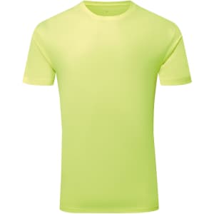 A bright yellow textured t-shirt made from recycled material, featuring a simple design and no visible branding.
