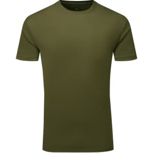 An olive green textured t-shirt with a crew neck design and a logo on the label.