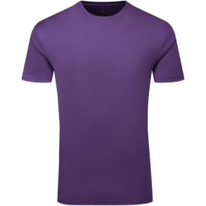 A purple textured t-shirt featuring a classic crew neck and short sleeves, with a logo on the label.