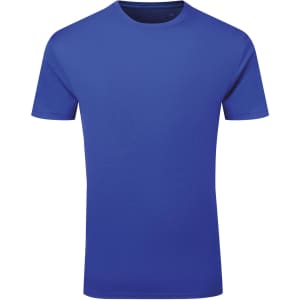 A blue textured t-shirt with a round neck and short sleeves, featuring a logo on the side.