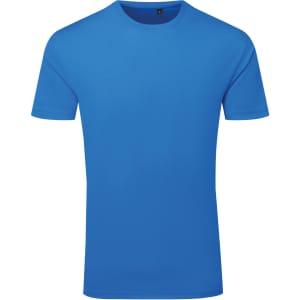 A blue textured T-shirt with short sleeves, featuring a crew neck and a discreet logo.