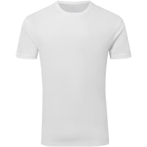 A plain white t-shirt with a round neck and short sleeves, featuring a logo.