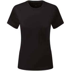 A black textured T-shirt with a round neckline and short sleeves, featuring a logo.