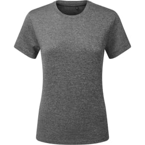 A grey textured T-shirt with short sleeves and a round neckline. It features a logo on the label.