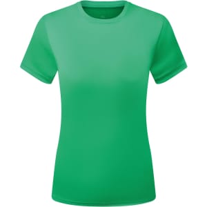A green textured T-shirt with short sleeves, featuring a logo on the collar area.