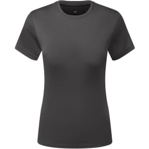 A dark grey, short-sleeved t-shirt with a fitted design and a logo on the front.