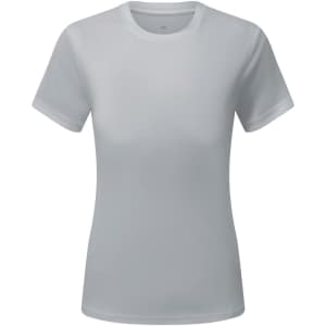 A light grey textured T-shirt with short sleeves and a logo on the front.