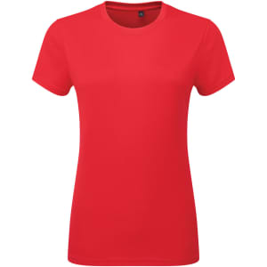 A red cationic recycled textured T-shirt with a classic crew neckline and short sleeves, featuring a logo.