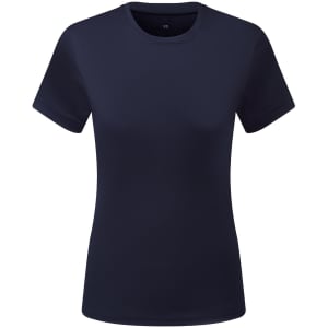A navy blue recycled textured t-shirt with short sleeves and a crew neck. The shirt has a logo.