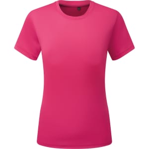 A bright pink recycled textured T-shirt with short sleeves and a round neckline. Features branding on the label.