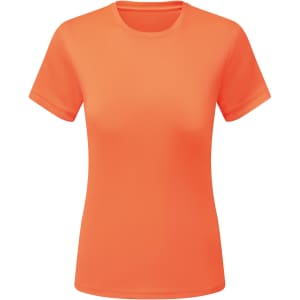 An orange textured t-shirt with short sleeves and a round neckline. It features a logo on the front.