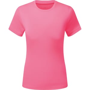 A bright pink T-shirt with short sleeves and a textured finish, featuring a small logo on the front.