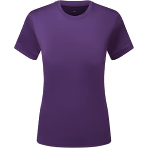 A purple textured T-shirt with short sleeves and a fitted design, featuring a logo on the neckline.