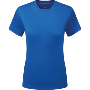 A blue textured T-shirt with short sleeves, featuring a simple design and a logo.