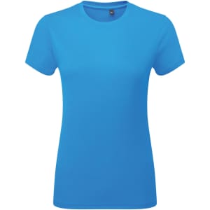 A bright blue textured T-shirt with a classic crew neck and short sleeves. Features a logo on the label.