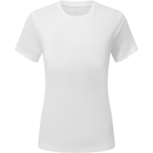 A white short-sleeve textured t-shirt with a round neckline and a branding logo.