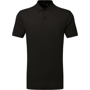 A black polo shirt with a classic collar and short sleeves, featuring a logo on the chest.