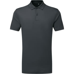 A dark grey polo shirt featuring a classic collar and a button placket, with a logo on the chest.