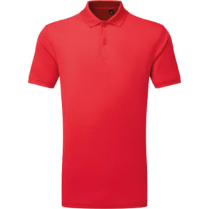 A red textured polo shirt featuring a collar and three-button placket, with a logo on the chest.