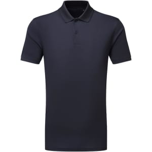 A navy blue textured polo shirt with a collared neck and a logo on the chest.