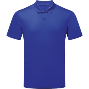 A blue cationic recycled textured polo shirt with a collar and three buttons, featuring a logo.
