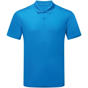 A blue cationic recycled textured polo shirt featuring a collar and three-button placket, with a logo on the chest.