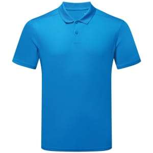 A bright blue polo shirt made from recycled material, featuring a collar and buttons. The shirt has a logo on it.