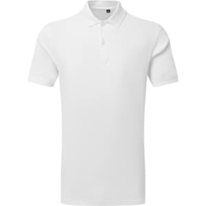 A plain white polo shirt with a textured design and a logo on the chest area.