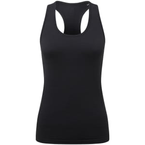 A black seamless tank top with a racerback design and a subtle logo on the front.
