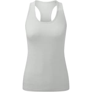 A white seamless tank vest with a racerback design and a simple logo on the side.