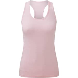 A pink sleeveless sport vest with a seamless design, featuring a racerback style and a small logo.