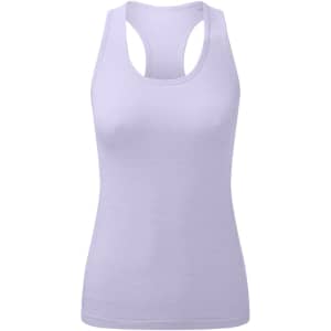 A lavender sport vest with a seamless design and racerback style, featuring a logo on the front.